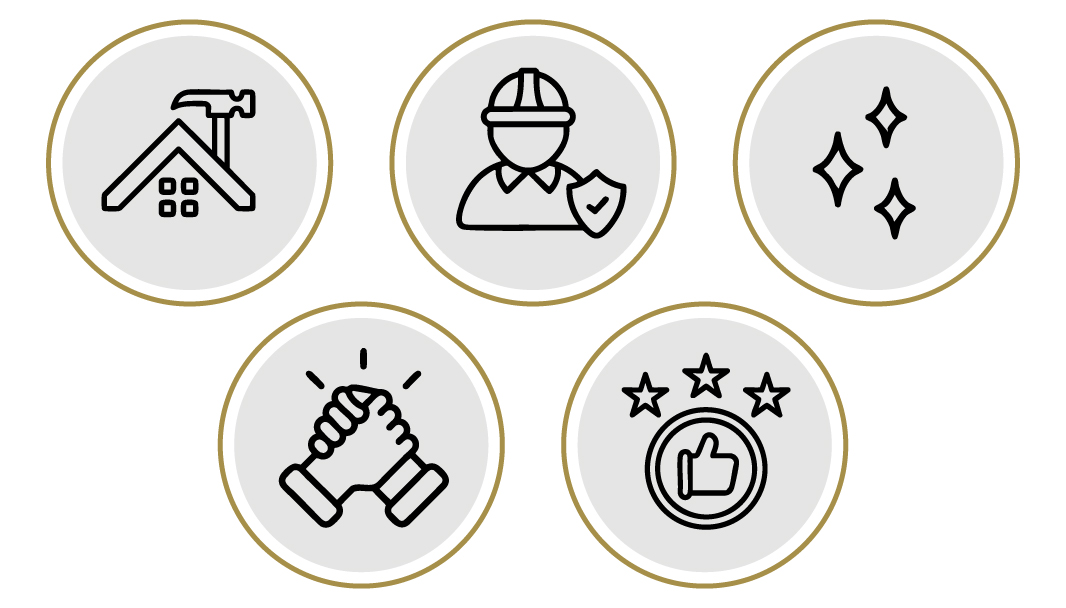 Série d'icônes représentant les valeurs de Toitures Steeve Arbour